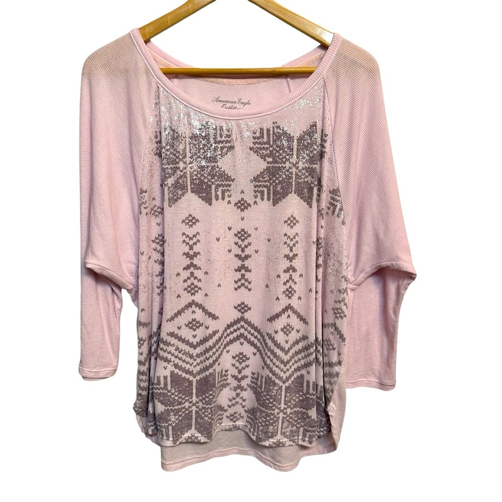American Eagle Women's XL Blouse 3/4 Sleeve LtPink w/ Iridescent Snowflakes Top